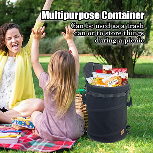 Pop Up Storage Bin Collapsible Trash Can Recycle Container Reusable Utility Bag with Zippered Lid for Camping (Black)