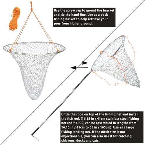 Large Collapsible Bridge Pier Fishing Net Landing Net with Rod (31.5 x 31.5 x 41")