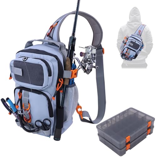 Fishing Backpack Tackle Storage Bag with 2 Tackle Boxes (Grey / Sling Bag With 2 Tackle Boxes)