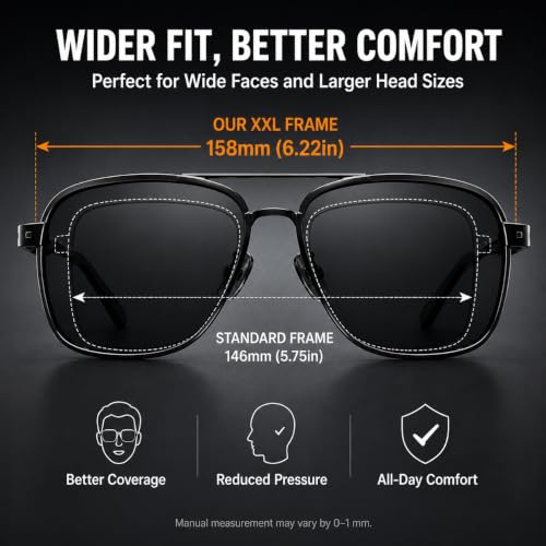 XXL Aviator Polarized Sunglasses 158mm Extra Wide Men