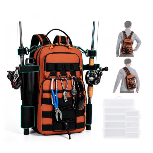 2 in 1 Compact Tactical Fishing Backpack with Tackle Boxes (Orange)