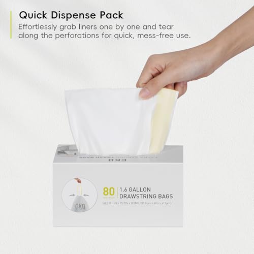 1.6 Gallon / 3-6 Liter, 80 Count Small Drawstring Trash Bags, Extra-Strong Unscented Garbage Bags, Easy-Dispense Roll for Kitchen & Household Use, Resists Tears, Leaks and Punctures, Code A, White (80 Count (Pack of 1) / 1.6 Gallon Bags/Code A)
