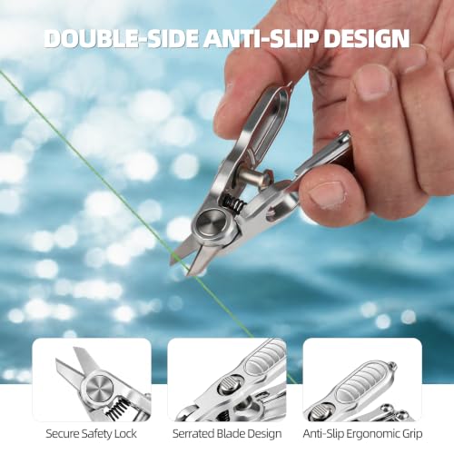 3-in-1 Fly Fishing Nippers and Knot Tying Tool Combo, Multi-Functional Fishing Pliers with Retractable Zinger Reel, Serrated Line Cutter & Hook Eye Cleaner for Braid, Mono, Fluoro