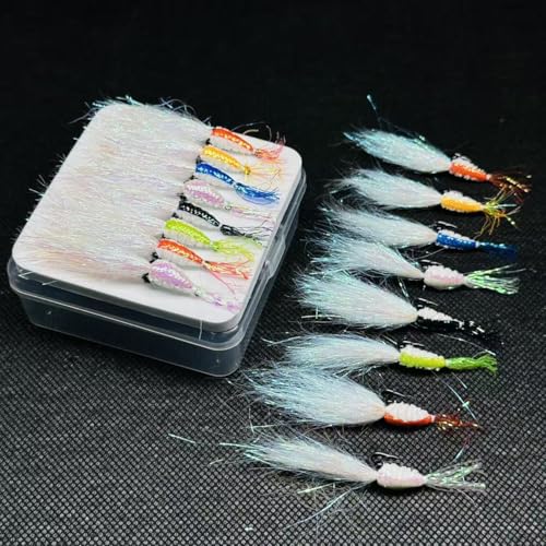 8Pc Bionics Crystal Flash Silk Shrimp Artificial Lures Fly Fishing Flies Saltwater Freshwater Bait Fishing for Bass Trout Salmon Hook Size #6