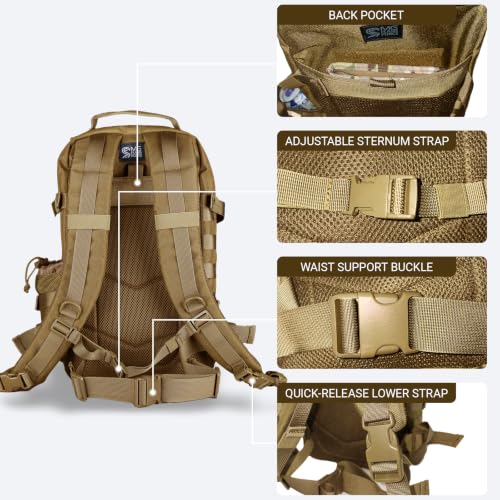 Military Tactical Backpack for Men 25L Molle Hiking Daypack (Coyote Brown)