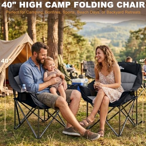 2 Pack Oversized Camping Chairs for Adults Heavy Duty Padded Lawn Chair (Black / 2 PACK)