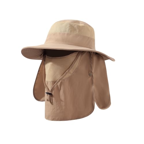 Men's Fishing Hat Sun Hat Boonie Hat UPF 50+ Wide Brim Outdoor Work Hat with Breathable Mesh & Chin Strap for Farm (Khaki)