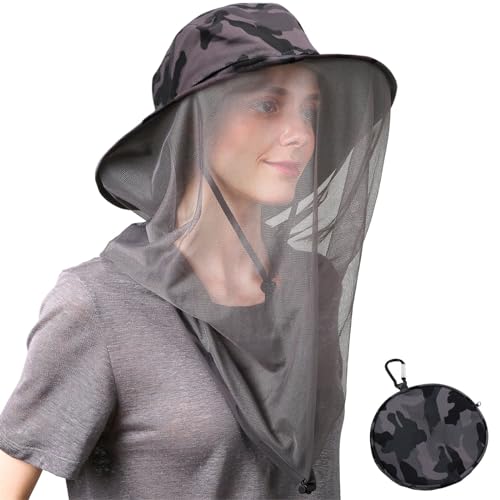 Mosquito Head Net Hat Fishing Hat w (Medium-Large / Camo-dark Grey)