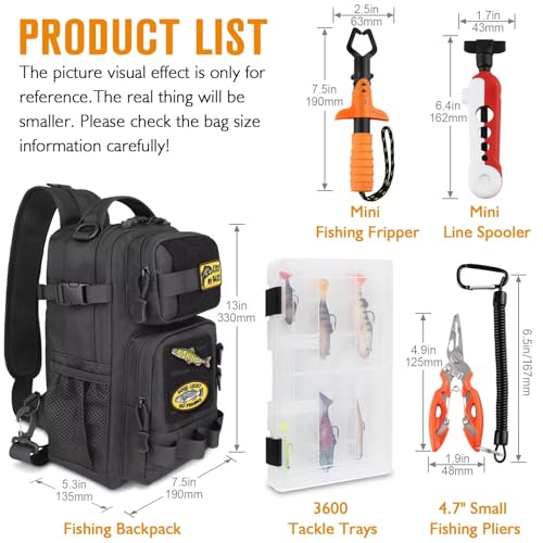 Small Fishing Backpack Fishing Sling Bag with 3600 Tackle Box Small Tackle Backpack with Tool Set Black (B: Fishing Tackle Backpack With Tool Set(black))