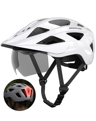 Adult Bike Helmet Rear Light & OTG Magnetic Goggles for Men Women (White / Large)