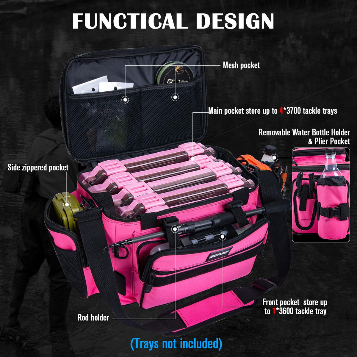 Fishing Tackle Bag with 4PCS 3600 Tackle Boxes (C2:Pink with 4 3600 Tackle Boxes / Large)