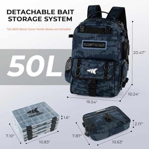 BaitSpace 50L Fishing Backpack with 4 Tackle Boxes (C: Blue Camo / With (4) 3600 tackle boxes)
