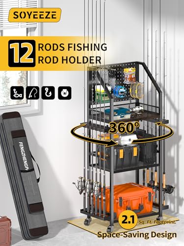 Fishing Rod Holders for Garage (Black-3-Sided / 3-Sided 6 hooks)