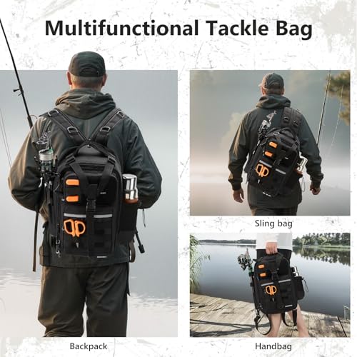 Convertible Fishing Backpack Sling Bag with Rod Holder (Black / Standard)