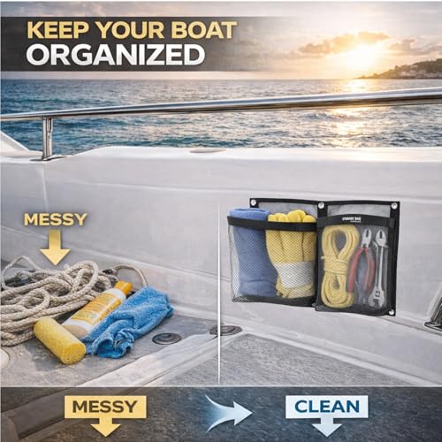 Marine Mesh Double Pocket Boat Gear Storage Bag (Black / Large)