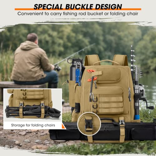 Fishing Backpack 40L Tackle Backpack with Rod Holders & Cooler (Khaki)