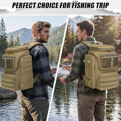 45L Fishing Backpack with Rod Holders 4 Tackle Boxes (Brown (4 Tackle Boxes Included))