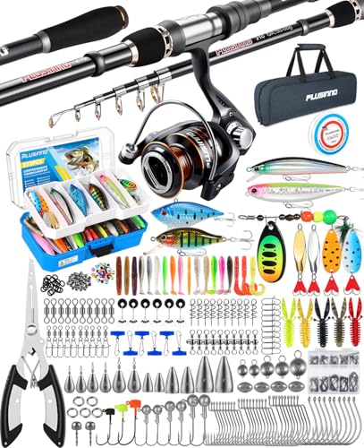 Fishing Rod and Reel Combo Pole Gear Kit Telescopic Beginner (Grey Rod &373pcs Tackle (5.91 ft))