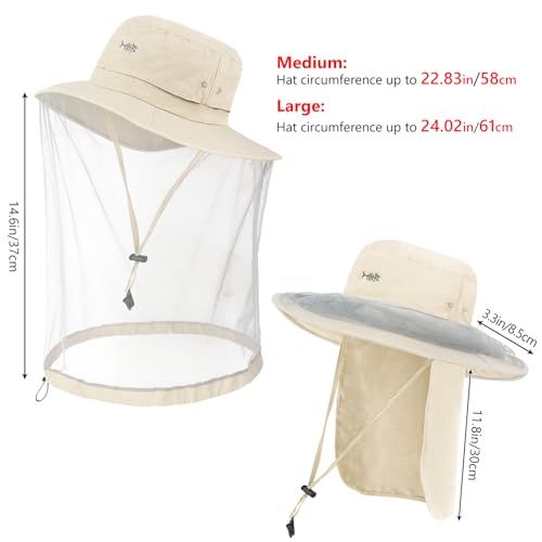 UPF 50+ Mosquito Net Hat with Stowable Neck Flap for Men Women Outdoor Fishing Hiking Camping Gardening FH17 Beige (Large / Beige)