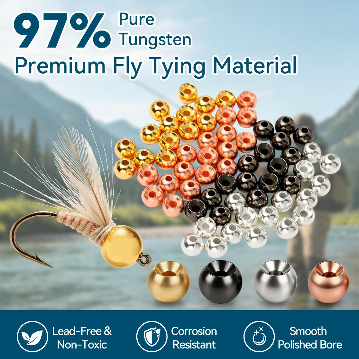 200pcs Fly Tying Tungsten Beads Nymph Tungsten Bead Heads for Jig Flies (200PCSMIX / 3.5MM)