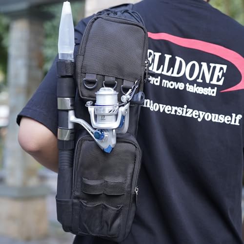 20 inch Drawstring Crossbody Fishing Bag with Front Pocket Rod Holder Belt (Black)