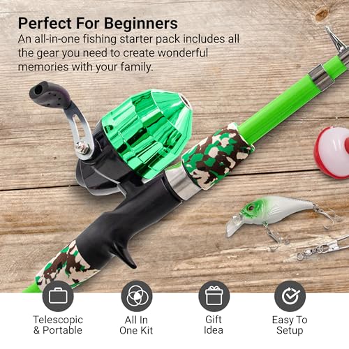 Beginner Kids Fishing Pole & Tackle Box (Green / 1.2m or 3.9FT)