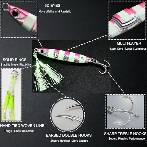 Saltwater Fishing Lures Metal Jigs Vertical Jigging Lure with Treble & Double Assist Hooks