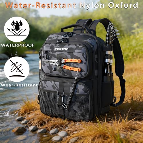 Fishing Backpack with Fish Rod & Lures Kit Lightweight 25L Tackle Bag with Fishing Gear and Tackle Boxes (Black Camo Backpack)