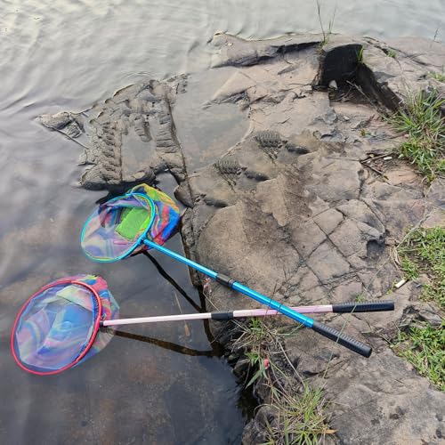 Fishing Net 2 Pack Retractable Lightweight Landing Net with Aluminum Rod Handle Fishing Nets for Youth Catch and Release Butterfly Nets (Blue+red)
