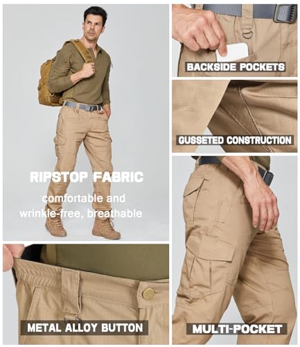 Mens Tactical Pants Lightweight Ripstop Cargo Work Pants Waterproof Hiking Military Army Pants with Pockets Outdoor Apparel Dark Khaki 44Wx32L (Dark Khaki / 44W x 32L)
