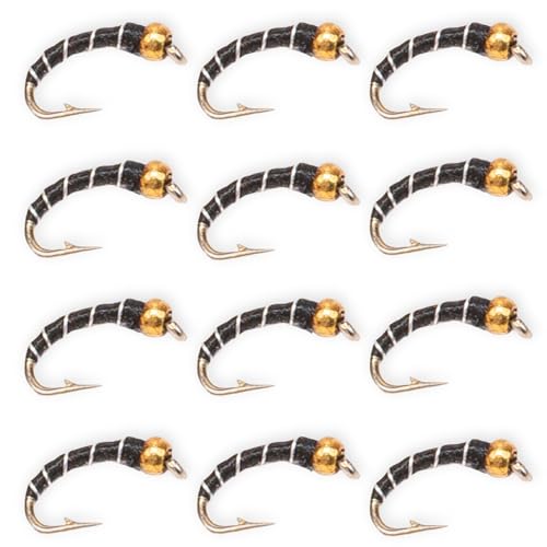 Zebra Midges for Fly Fishing 12 Pack (Black/Gold / 4X(18-22))