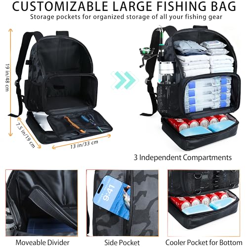 Fishing Backpack with Rod Holder (Black Camo)