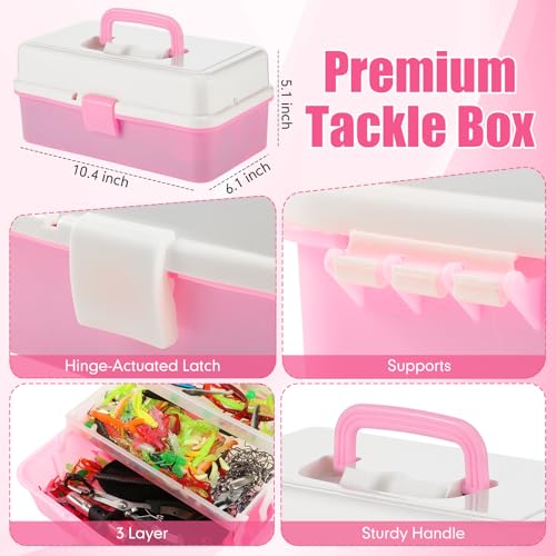 3 Layers Fishing Tackle Box 414 Pcs Fishing Gift Lures Gear Kit with Tackle Included Pliers Lip Gripper Bait Hook Accessories for Beginner Fisherman Women Men (Pink)