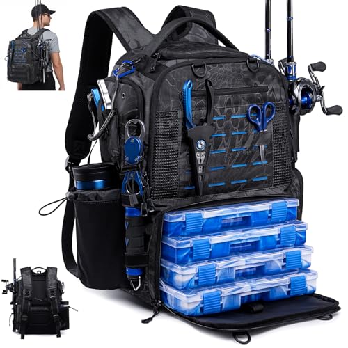 Fishing Tackle Bag with 2 rod holders & 4 Tackle Boxes (Black Camo（4 Tackle Boxes Included）)