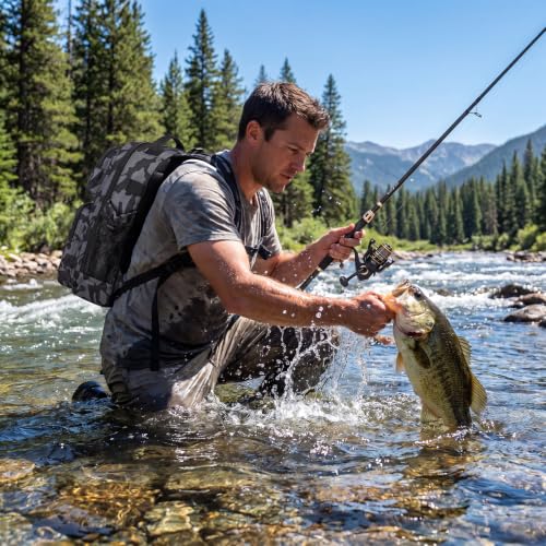 Fishing Backpack with Rod & Reel Combos (Black Camo Backpack With Rod and Reel Combo)