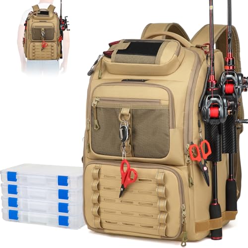 Fishing Tackle Backpack (B-Khaki with 4 Tackle Boxes)