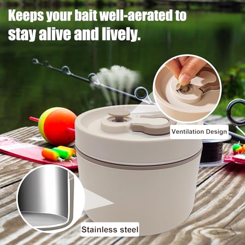 Fishing Bait Container Organizer with Handle Insulated Breathable Live Bait Box Stainless Steel Worm Storage Tank for Nightcrawlers Keeps Bait Fresh and Alive (circle 650+wacky rings)