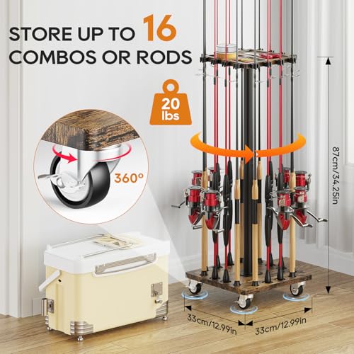Fishing Rod Rack for 16 Poles (Upgraded Brown)