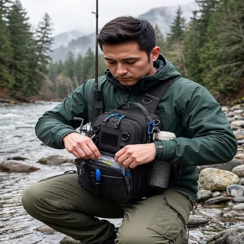 Fishing Bag Lightweight Fishing Tackle Sling Bag with Rod Holder