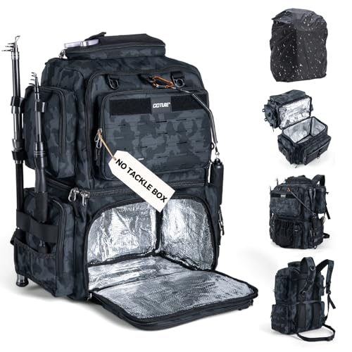 Fishing Tackle Backpack with 2 Rod Holders & Rain Cover