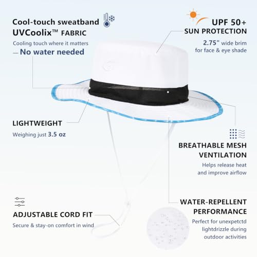UvCoolix™ Cooling Sweatband Bucket Sun Hat Wide Brim UV Protection Lightweight Breathable Outdoor Beach Hiking Keep Sweat Away (Medium-Large / White-ocean)