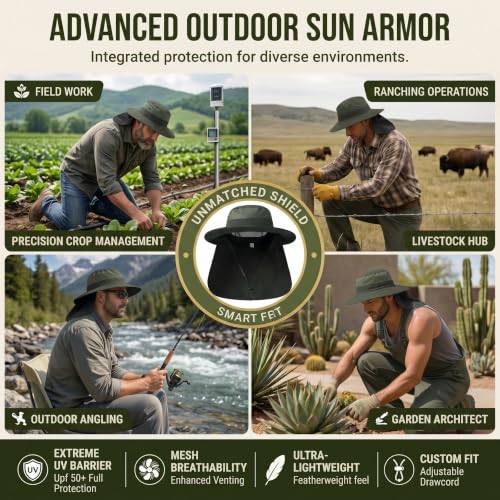 Men's Fishing Hat Sun Hat Boonie Hat UPF 50+ Wide Brim Outdoor Work Hat with Breathable Mesh & Chin Strap for Farm (Blue)
