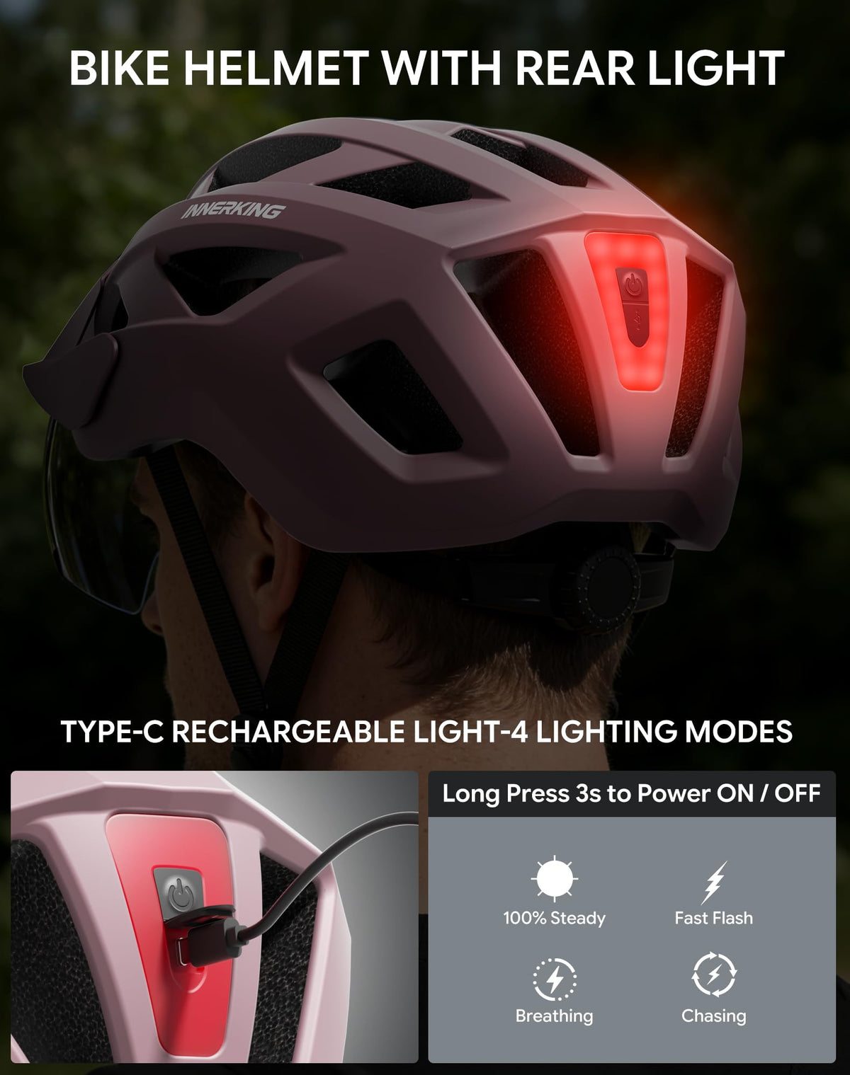Adult Bike Helmet Rear Light & OTG Magnetic Goggles for Men Women (Lilac / Medium)