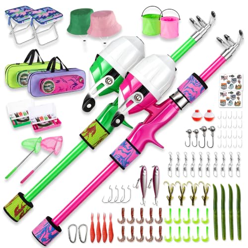 Kids Fishing Pole (Pink & Green / 3.94-ft Set + Chair + Hat)
