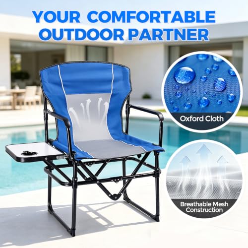 2 Pack Camping Chairs with Side Table & Cup Holder 400 lbs (Blue)