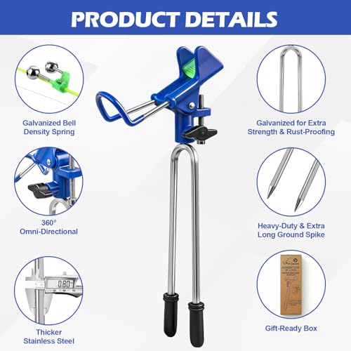 Fishing Rod Holder for Ground (Blue -2 Pack and Bells)