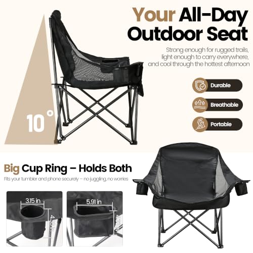 2 Pack Oversized Camping Chairs for Adults & Teens (Black)