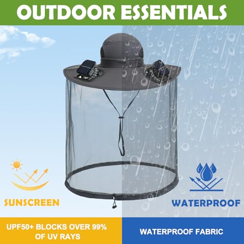 Mosquito Hat with Net 2 Solar Fan Wide Brim Bug Sun Hat Netting UPF 50+ for Fishing Hiking Garden