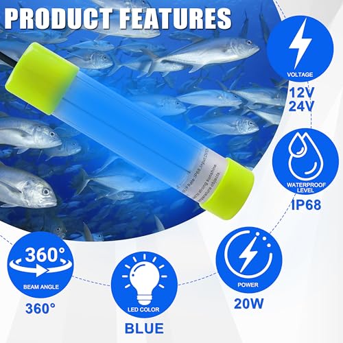 Underwater Fishing Light 20W 16000 Lumens 12V Super Bright LED Submersible Fish Bait Finder Lamp Deep Drop Night Fishing Attracting Light for Snook Crappie Squid Shrimp Prawns Boat Dock