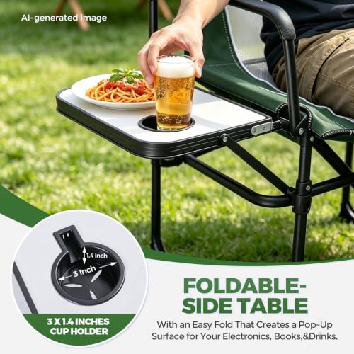 2 Pack Camping Chairs with Side Table & Cup Holder 400 lbs (Green)